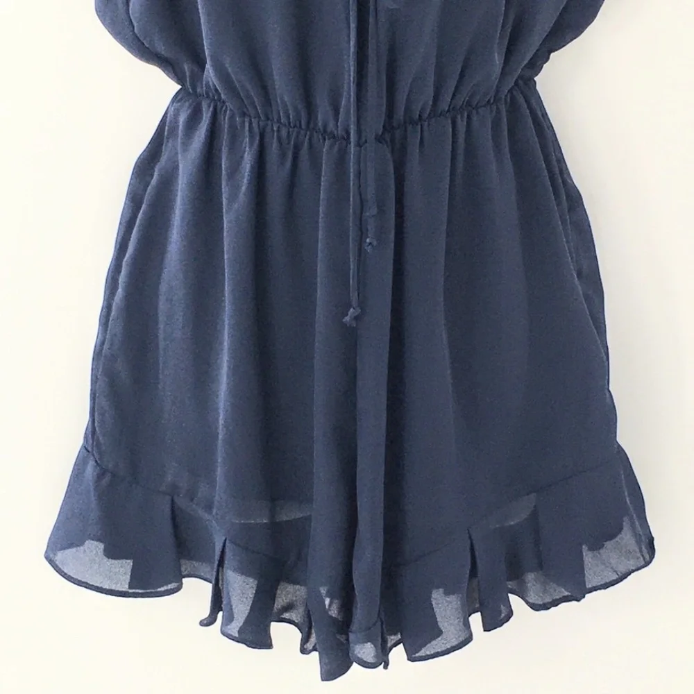 Everly Womens Romper Flutter Sleeves Elastic Waist Summer Tie Feminine Navy Sz - Picture 4 of 15